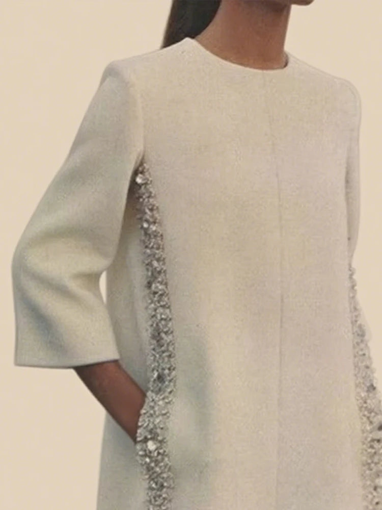 Elegant White Dresses Pretty Dress Spring Autumn Fashion Long Sleeves Loose Sequined Solid Color Luxury Round-neck Mini Dresses