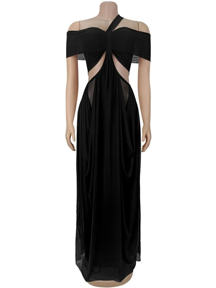 Joskaa 2025 Women's Elegant One Shoulder Strapless Mesh Irregular Maxi Dress Sexy Hollow Backless Skinny Evening Gown Clubwear