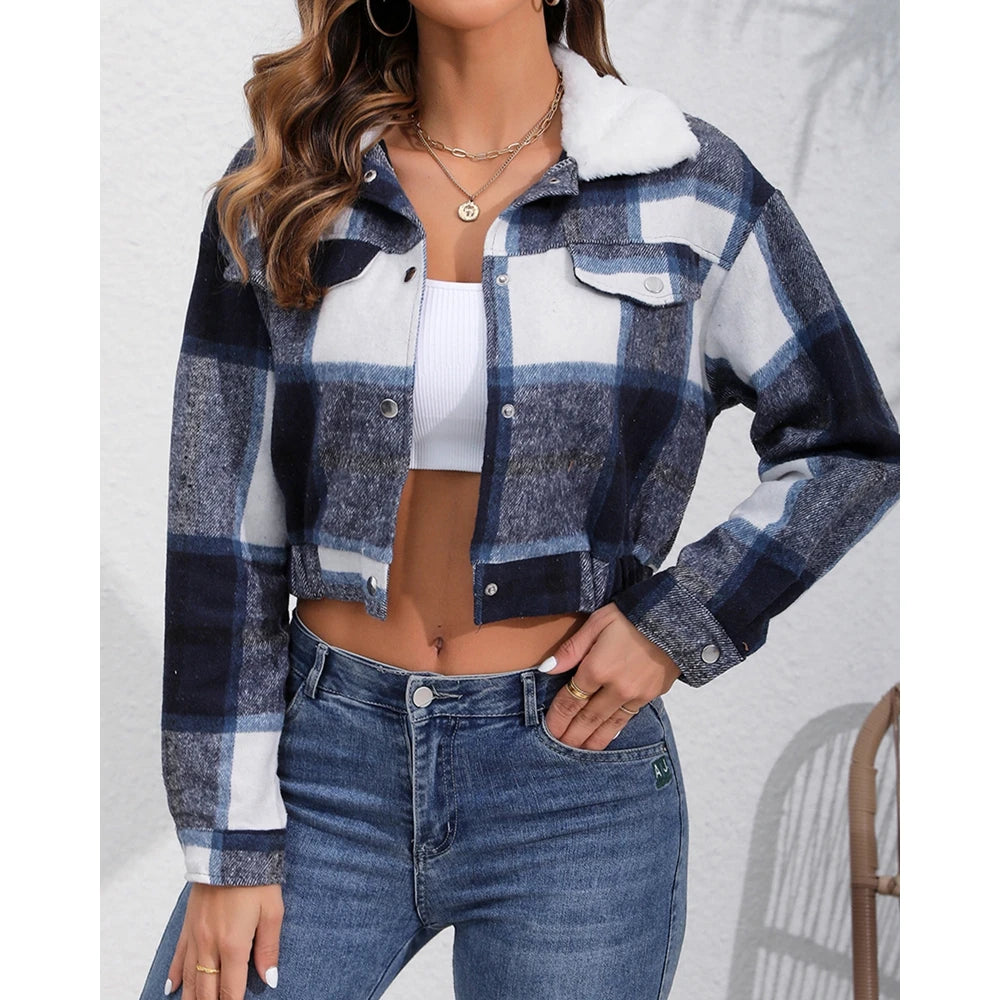 Women Fluffy Turn-down Collar Striped Print Covered Button Short Jackets Autumn Long Sleeve Coat Outfits Winter Clothing