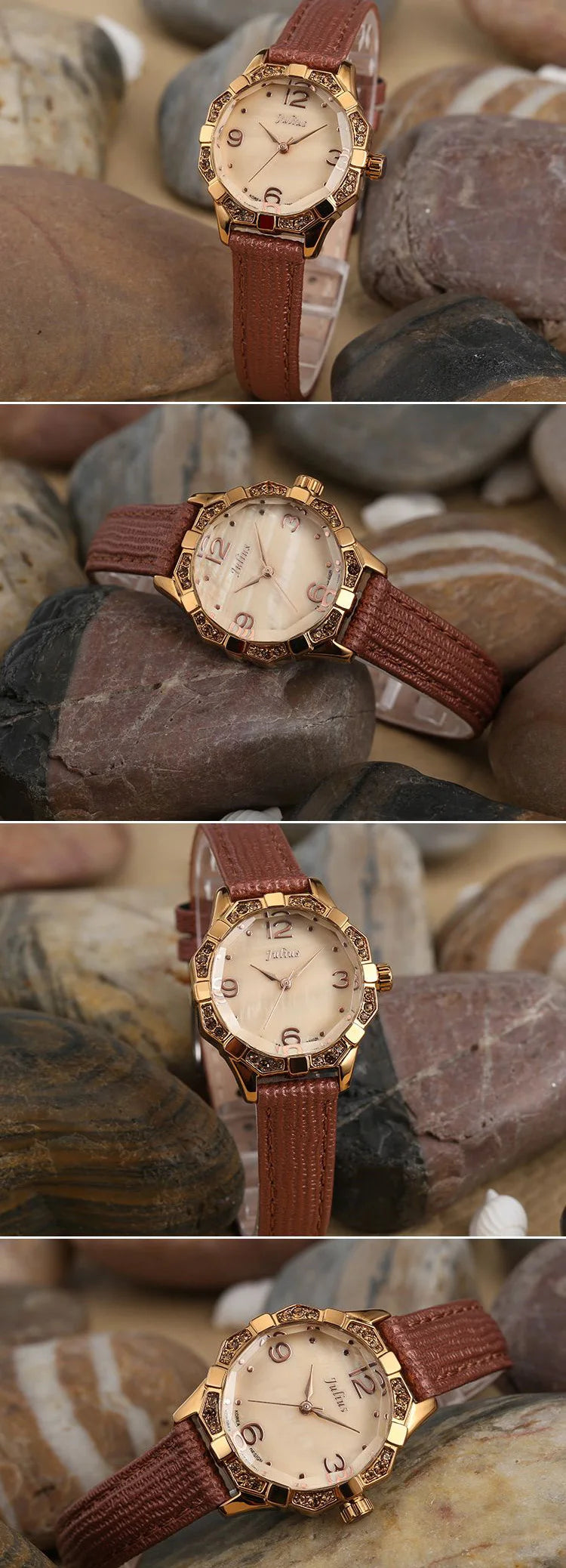 Small Rhinestones Julius Lady Women's Watch Mother-of-pearl Japan Quartz Fashion Hours Bracelet Leather Girl's Gift No Box
