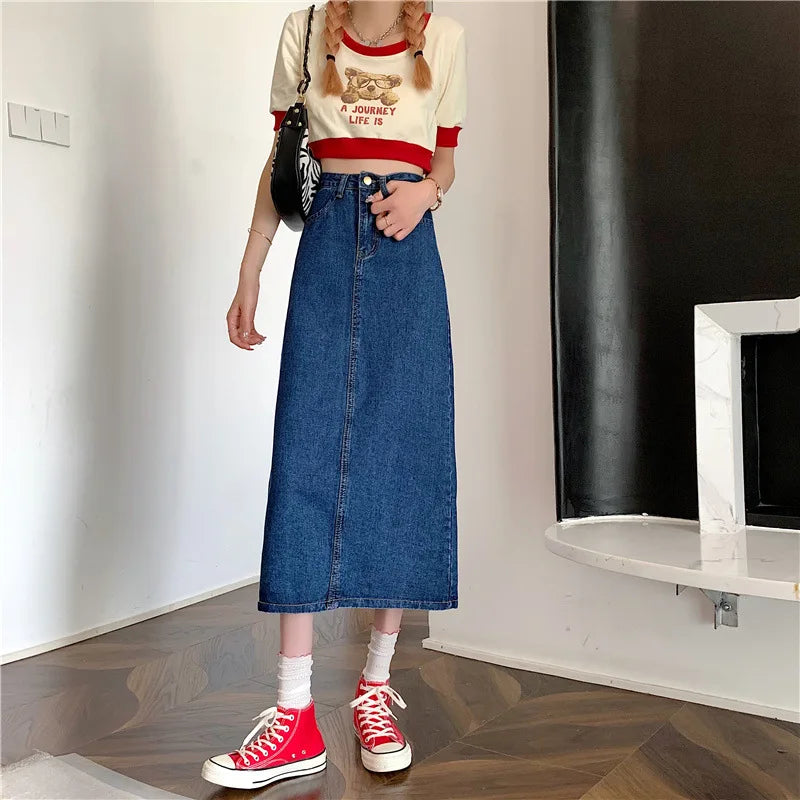 New 2022 Spring-Autumn Medium-Length Denim Skirt For Women High-Waisted Slimming Plus Size Curvy Girls A- Line Hip Covering Skir