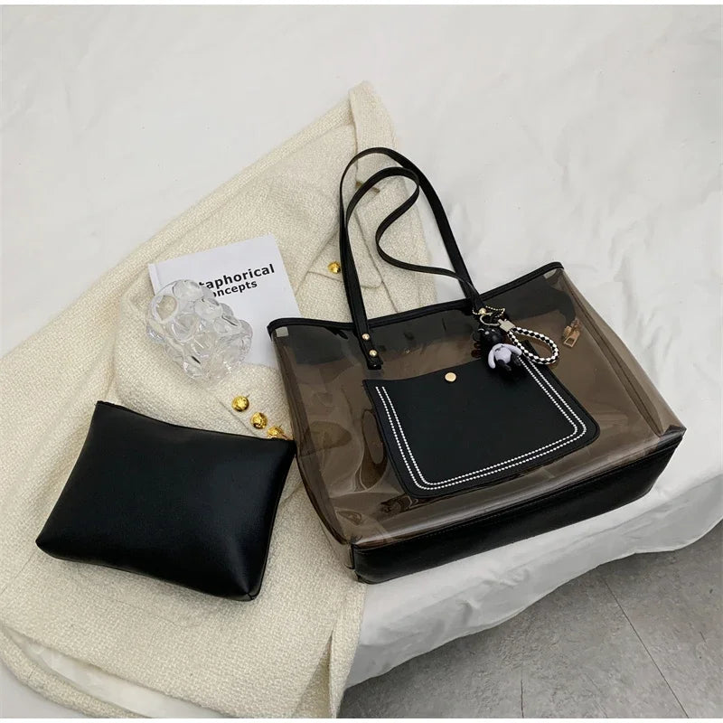 Transparent Jelly Zipper Tote Bag Large Capacity High-quality Texture Handbag Fashionable Luxury Ladies Commuter Shoulder Bag