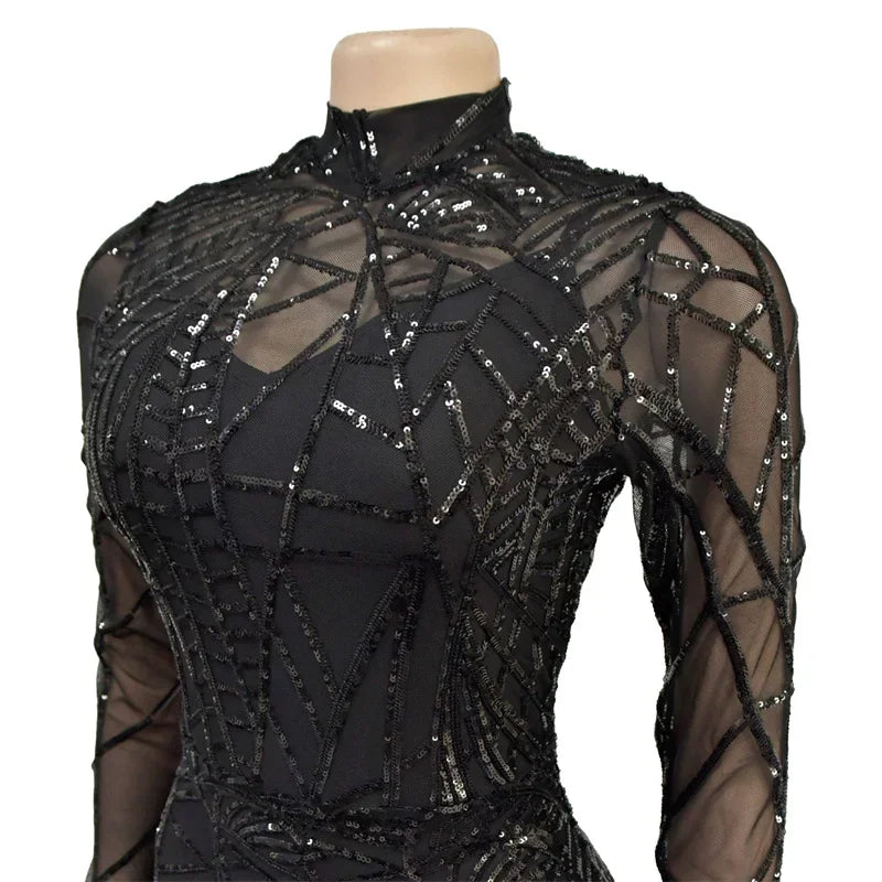Znaiml Feather Long Sleeve Sequins Bodycon Jumpsuit Women Bodysuit Mesh See Through One Piece Overalls Birthday Party Outfits
