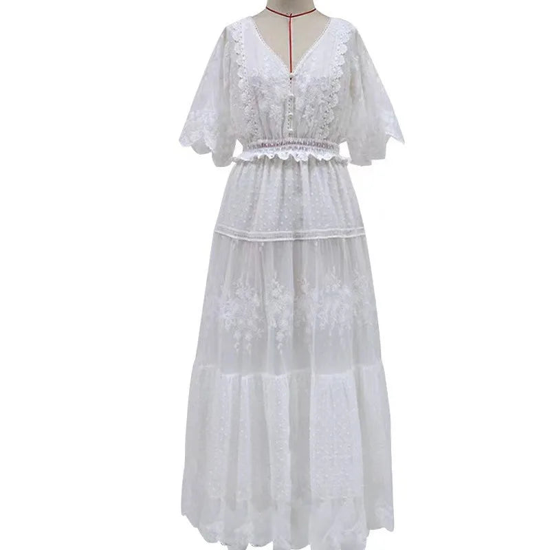 Summer Women V-Neck Embroidery Slim-Fit Short Sleeve Long Dress Beach Bohemian Wedding White Lace Dress