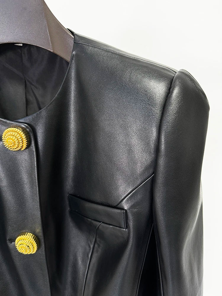 HIGH STREET Newest 2025 Designer Jacket Women's Slim Fitting Snail Button Artificial Leather Blazer
