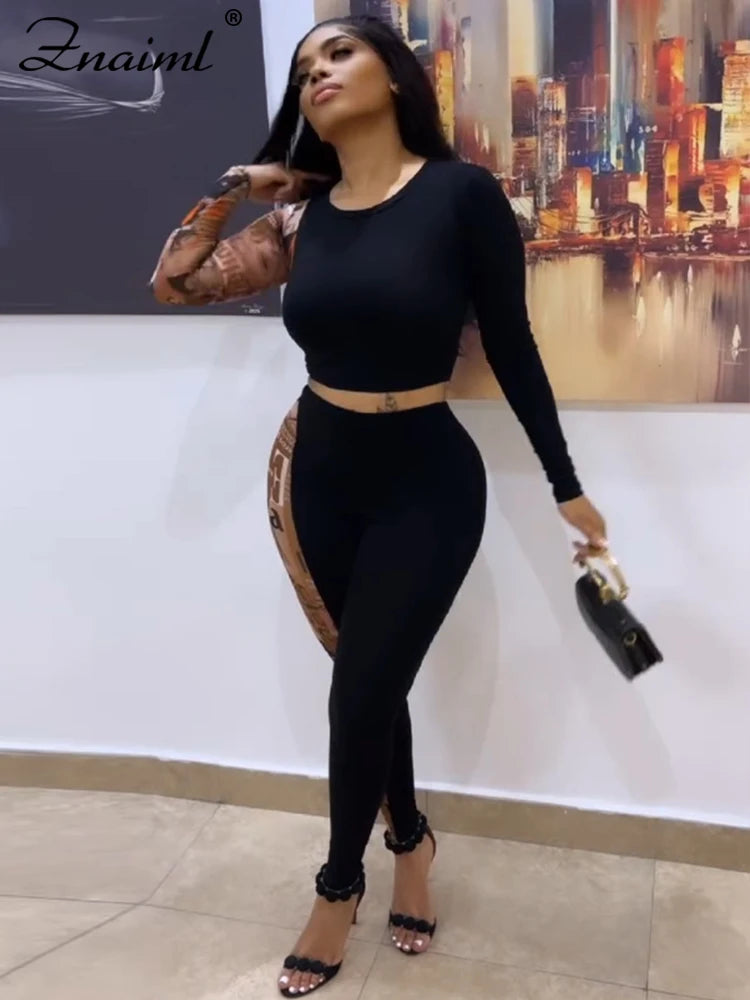 Znaiml Sexy Print Splicing Two Piece Sets Women O Neck Long Sleeve Crop Top and Pants Bodycon Matching Outfits Street Tracksuits