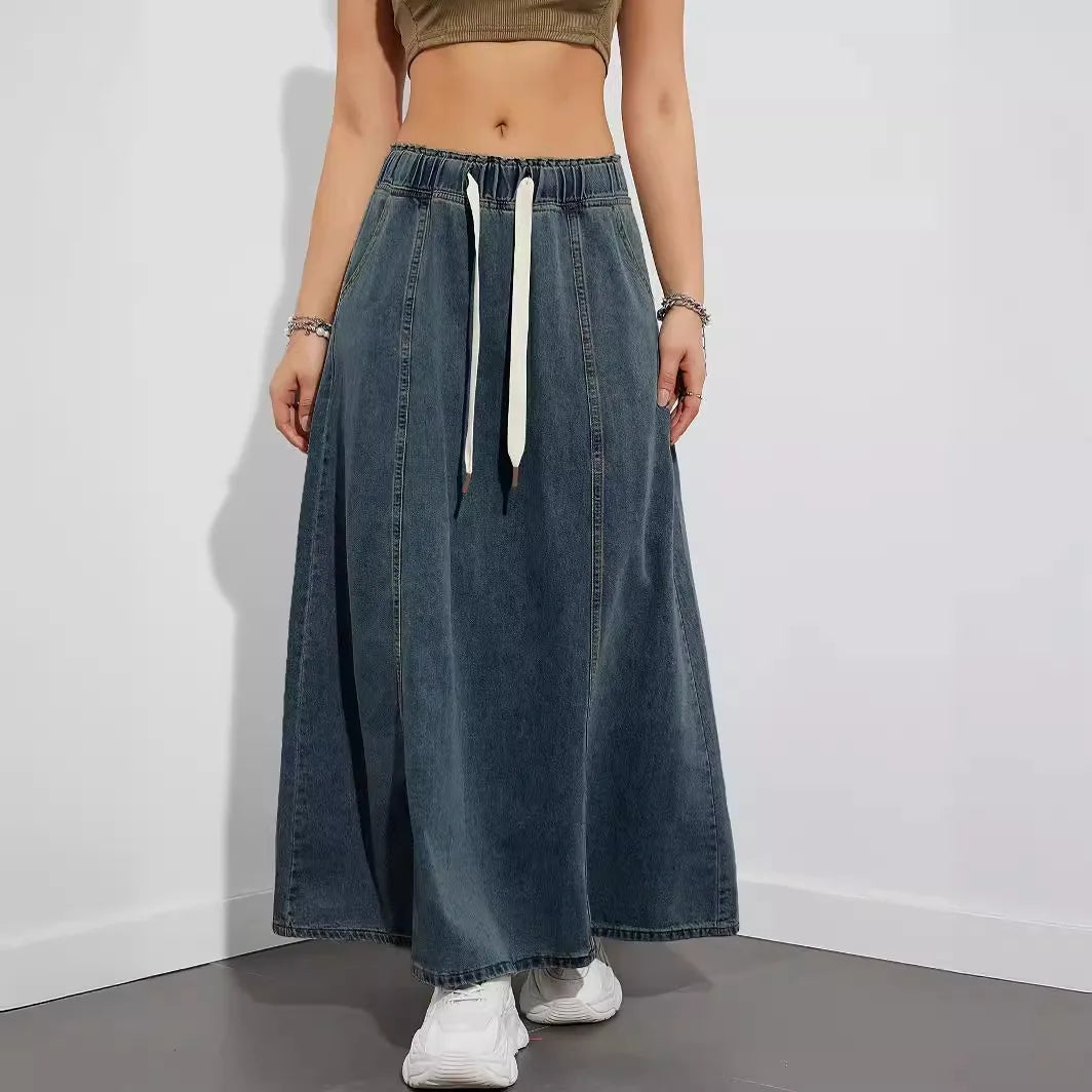 Elastic Waist Lace Up Loose Casual Denim Maxi Skirt for Women