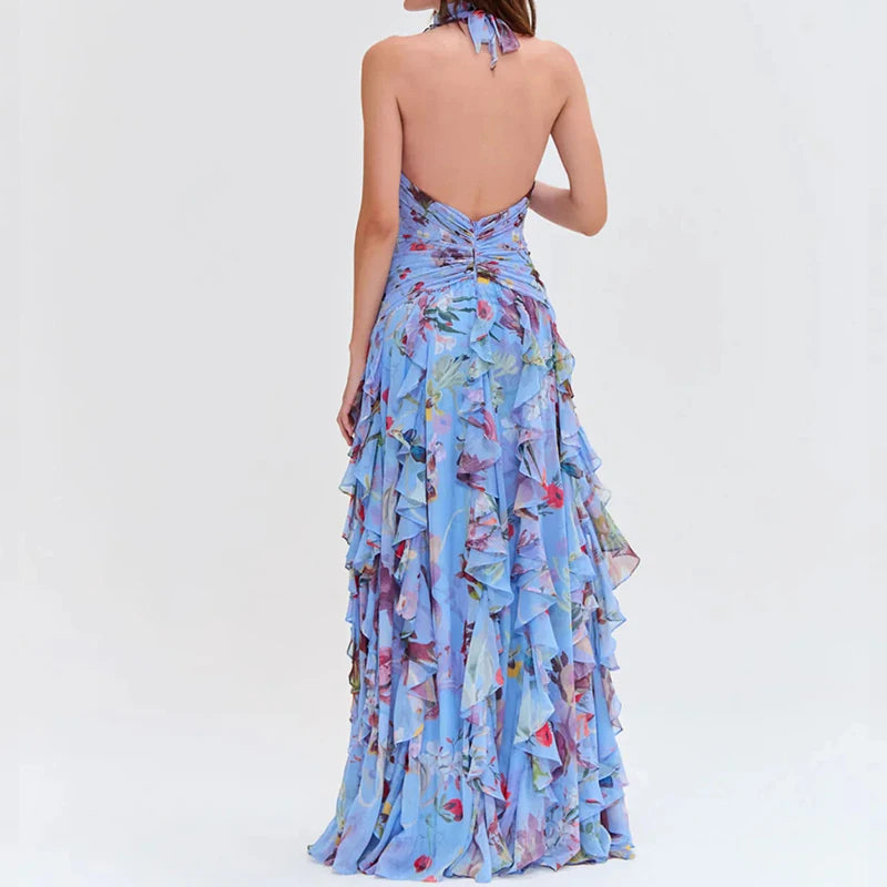 Lady Sexy Halter Floral Print Long Dress 2025 Summer Ruffles Hollow Out Slim Party Dress Fashion Sleeveless High Waist Dresses