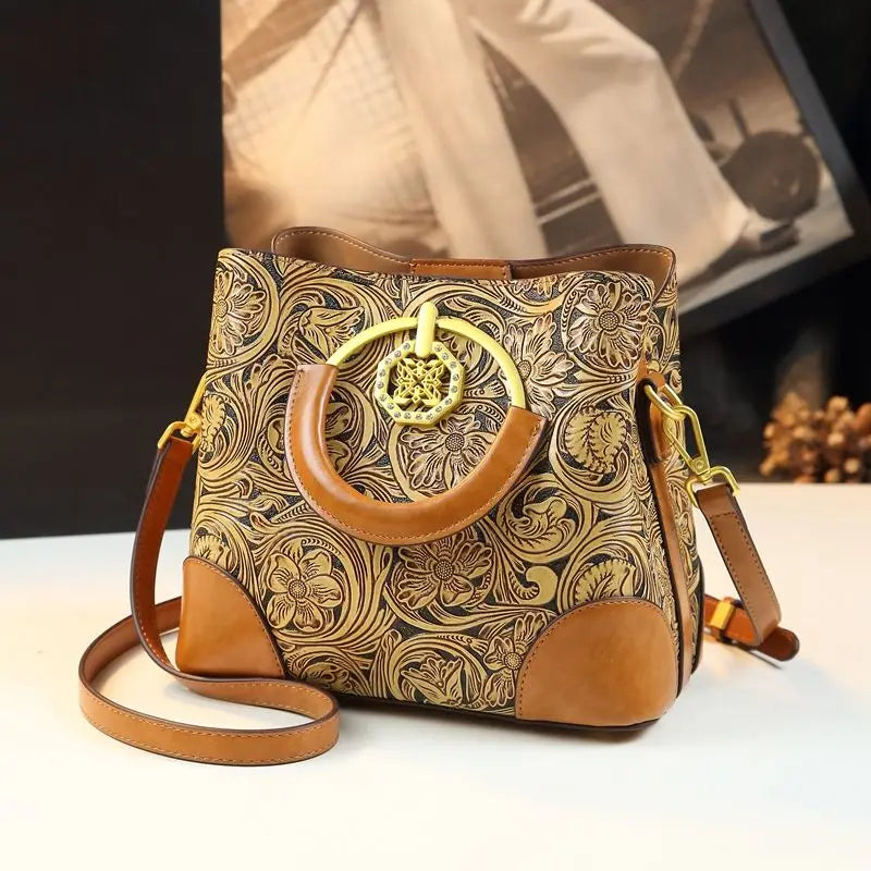 Retro Cowhine Carved Women Bag Handhold Bucket Leather Commuting Shoulder Underarm Crossbody Bags for Women
