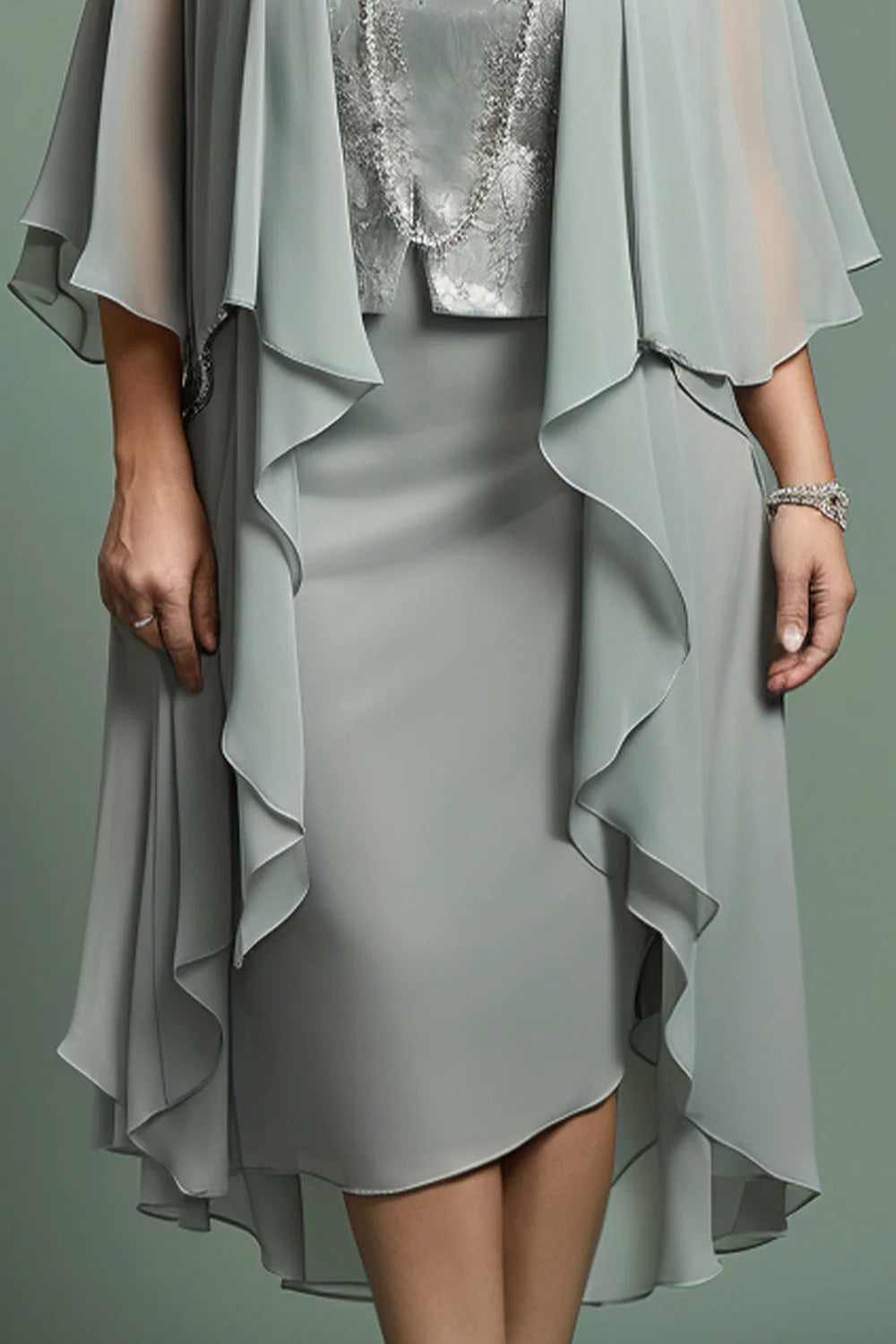 Flycurvy Plus Size Wedding Guest Sage Green Chiffon Printed Tea-Length Dress With Layered Jacket