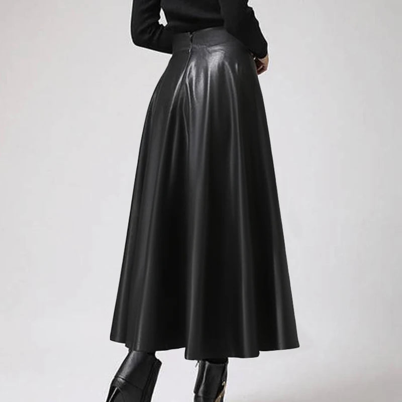 Celmia Fashion Women Long Skirts 2024 Spring PU Leather Faldas Elegant High Waist A-line Midi Skirt Casual Loose OL Swing Jupes