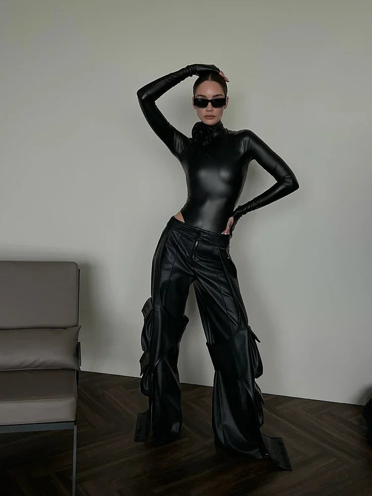 Women Faux Leather Bodysuits Long Sleeve High Neck Slim Jumpsuits Ladies Sexy Stretch Bodycon Bodysuits Party Clubwaer Custom
