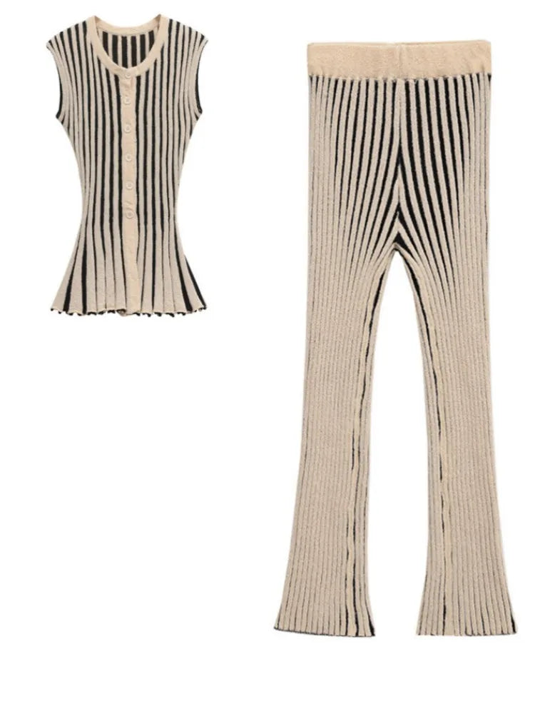 Joskaa 2025 Women's Striped Knit Two Piece Set Casual O-Neck Sleeveless Sweater Vest and Flared Pants Matched Vintage Streetwear