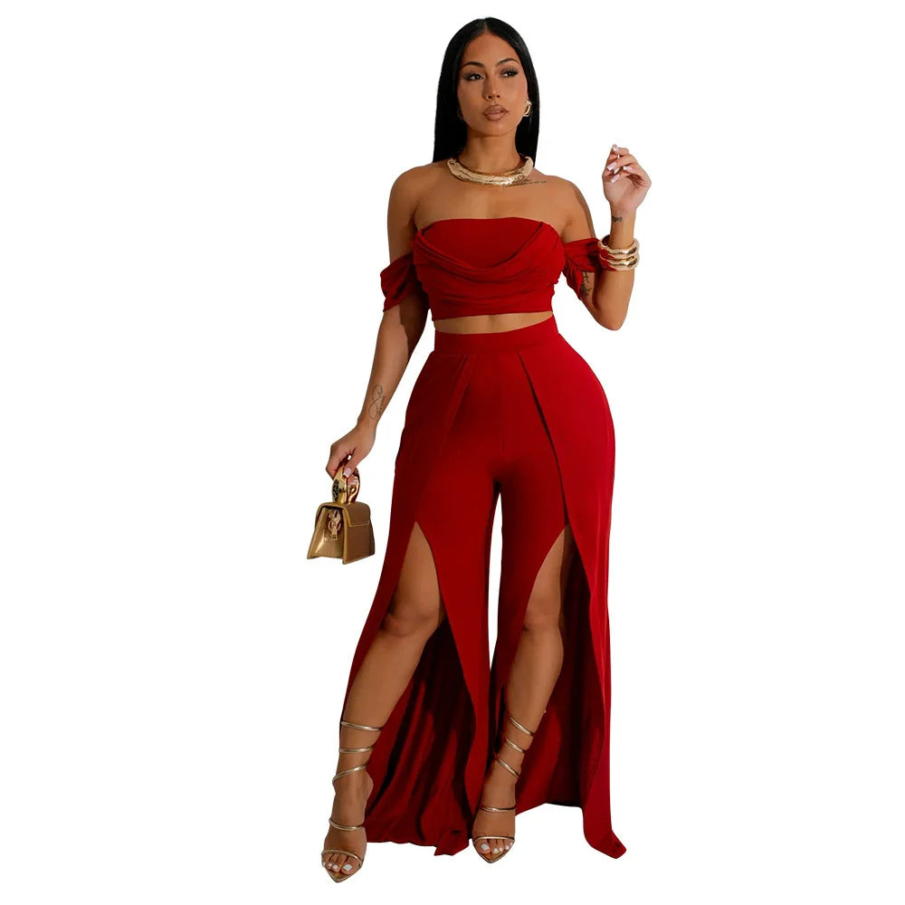CM.YAYA Women's Set Short Sleeve Slash Neck Ruched Tops and Wide Leg split Pants 2024 Street Two 2 Piece Sets Outfit Tracksuits