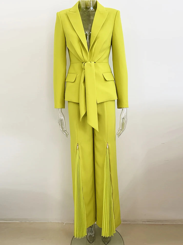 HIGH STREET Newest 2025 Designer Runway Suit Set Women's Lacing Belt Blazer Pleated Zip Pants Set 2pcs Set