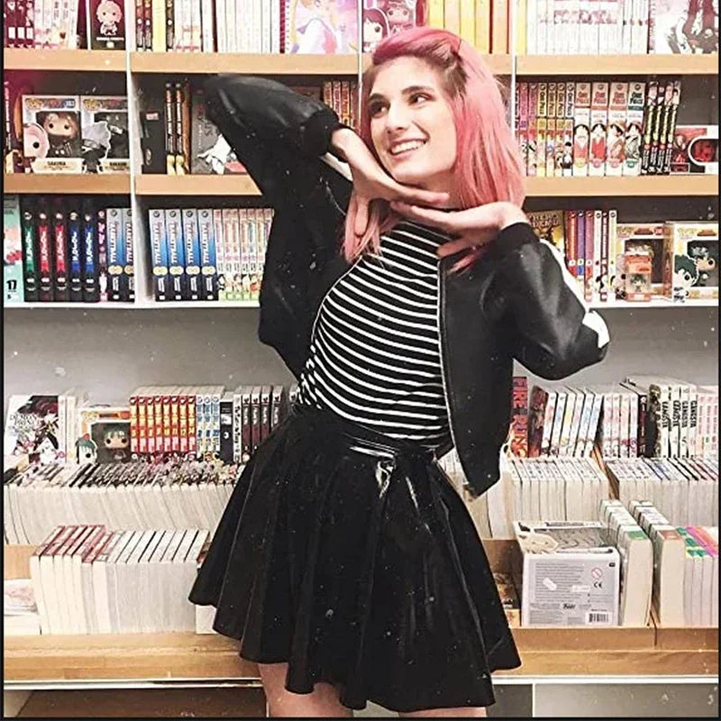 Women Gothic PVC A-line Skating Skirt Shiny Patent Leather Pleated Skirt Ladies High Waist Faux Latex Mini Skirt Custom Clubwear