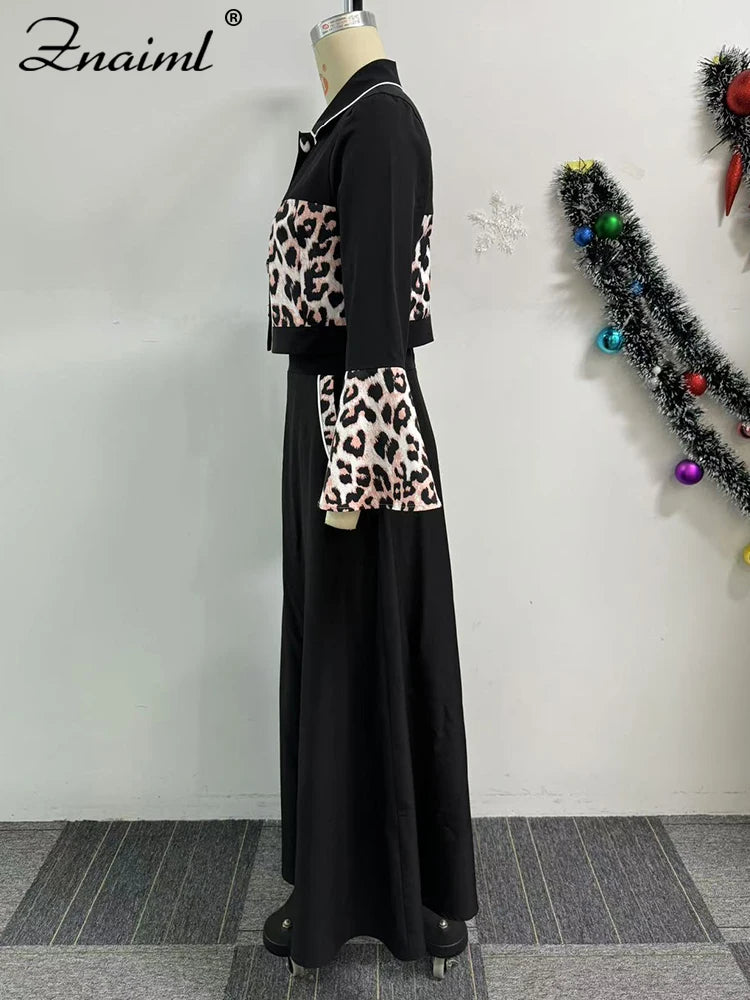 Znaiml Elegant Leopard Patchwork A-line Skirts and Crop Tops Flare Sleeve 2 Piece Sets Woman Birthday Festival Indie Folk Outfit