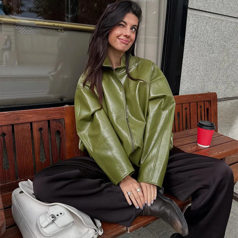 Women Green Stand Collar Leather Jacket Fashion Zipper Long Loose Outerwears Chic 2025 New Autumn Fashion High Street Lady Wear