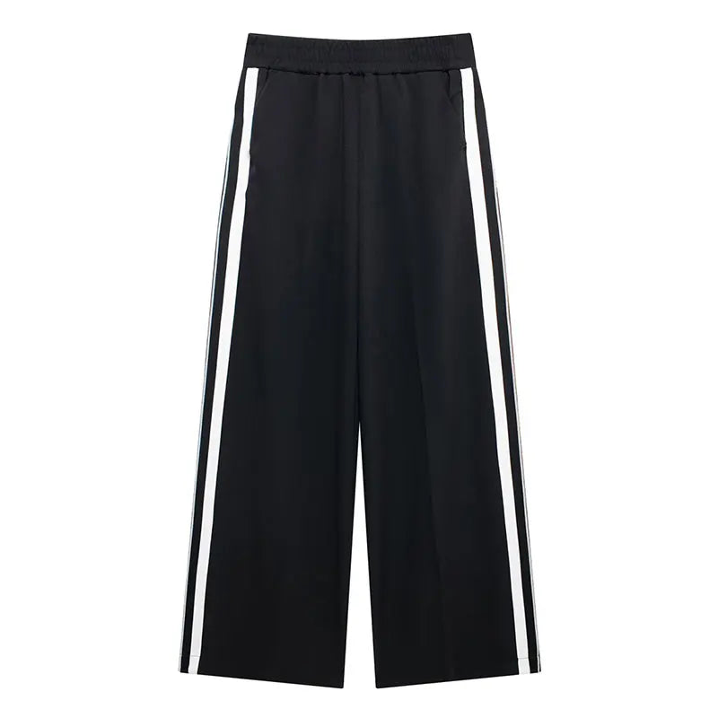 Lapel Long Sleeve Zipper Sports Jacket Two Piece Wide Leg Pants Set for Women