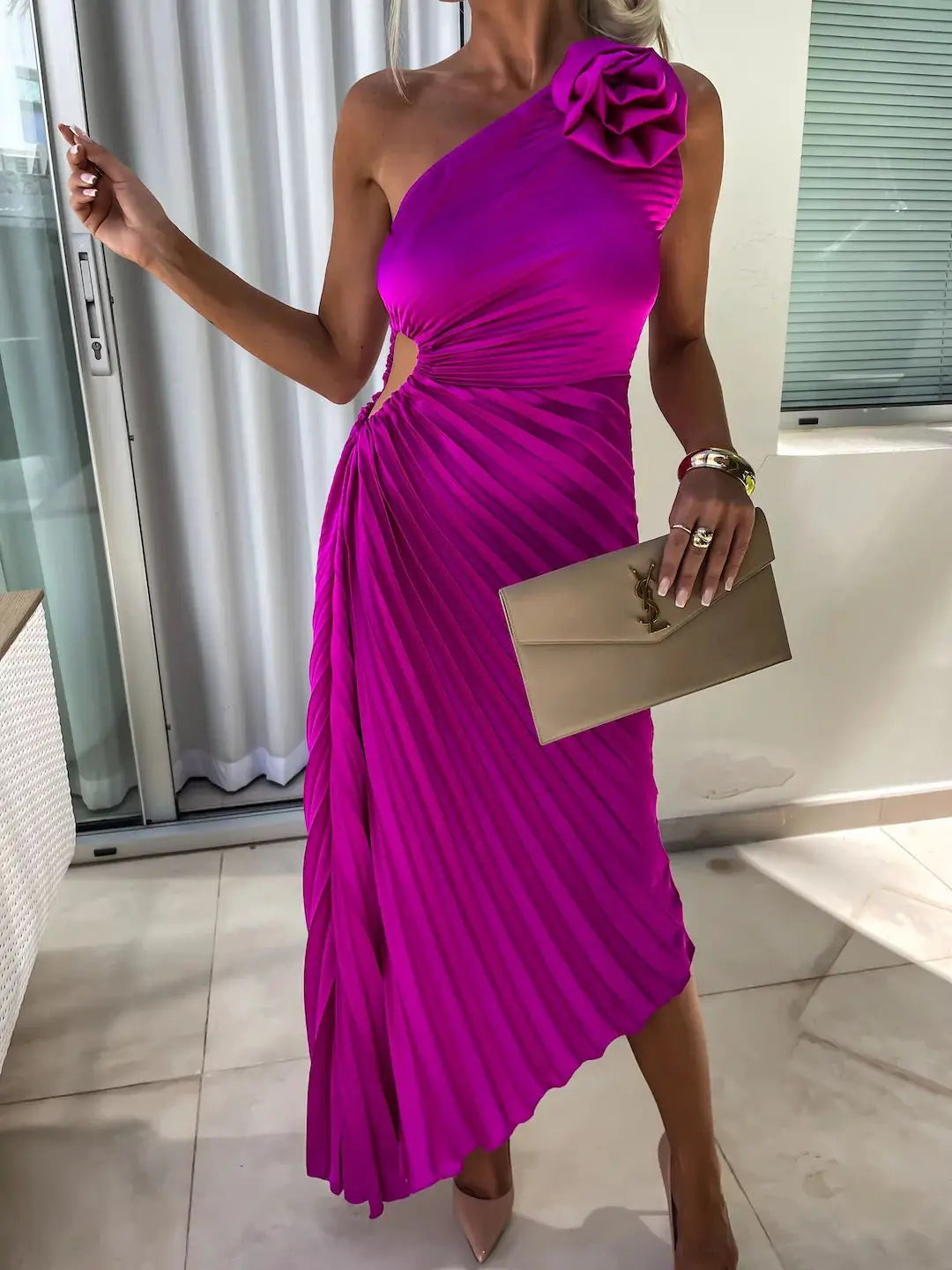 One Shoulder Flower Decor Pleated Elegant Dress for Women