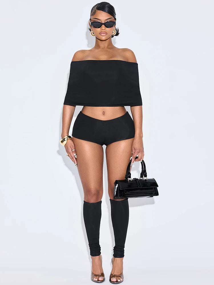 Weird Puss Summer 2 Piece Set Women Simple Trend Slash Neck Mid Sleeve Crop Tops+Shorts+Foot Cover Matching Streetwear Outfits