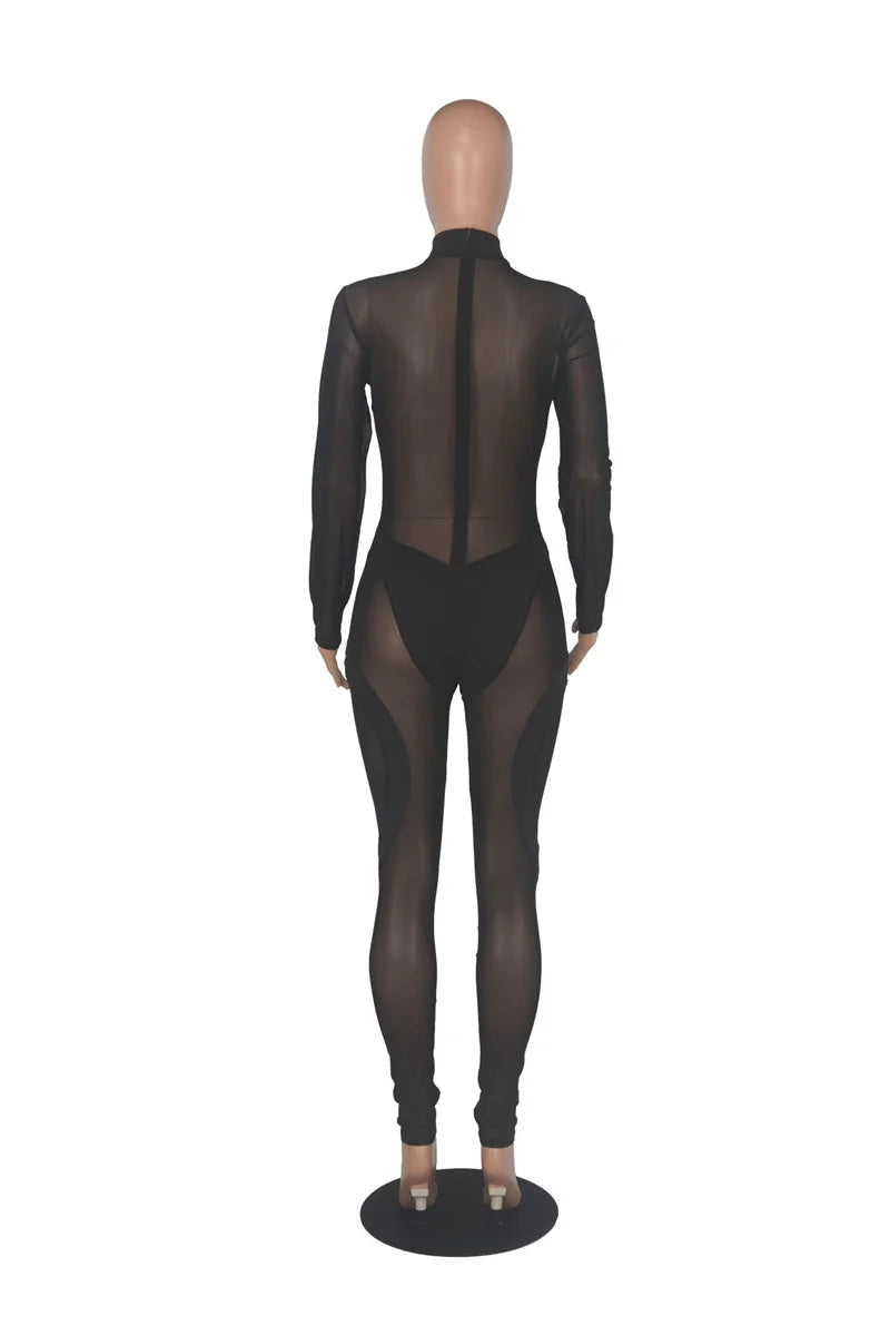 Sexy Sheer Mesh Jumpsuits Women Party Club Outfits Skinny Patchwork Long Sleeve See Through Rompers Womens Jumpsuit Midnight