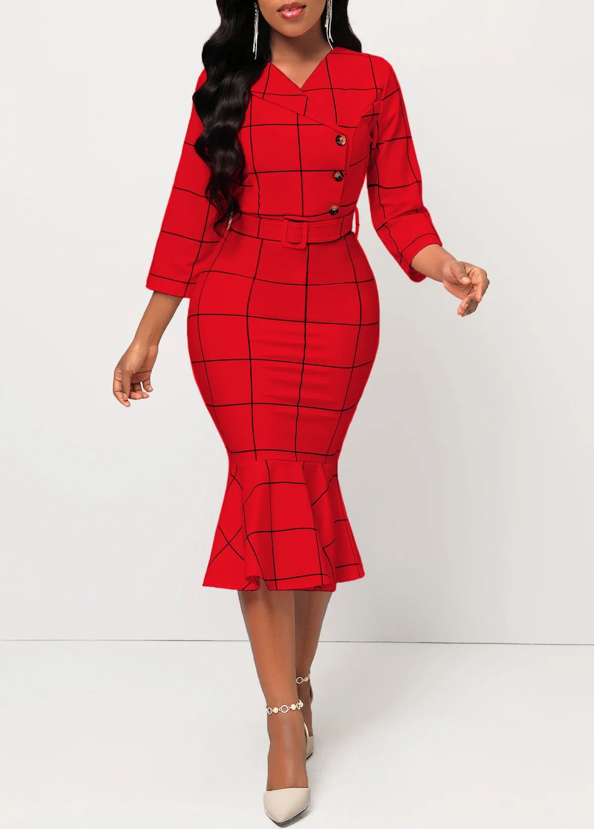 Sexy fashion solid color seven-quarter sleeve small V-neck women's dress SMR12189