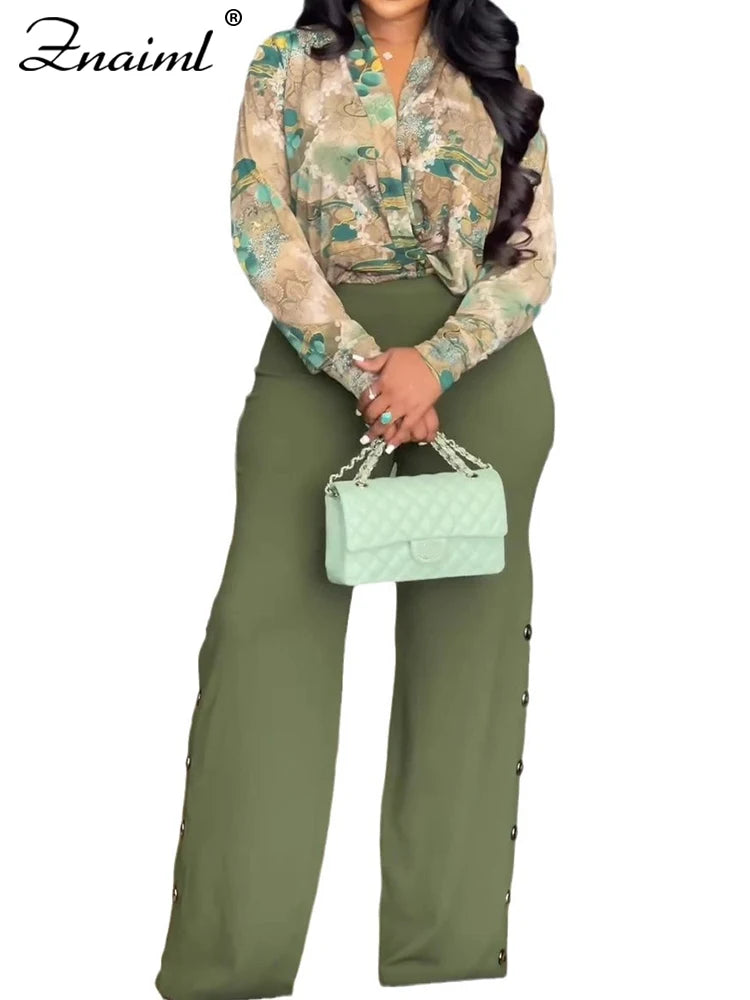 Znaiml Elegant Women's Pants Set Long Sleeve Print Shirt and Wide Leg Pant Autumn Two 2 Piece Sets Streetwear 2PC OL Outfits New