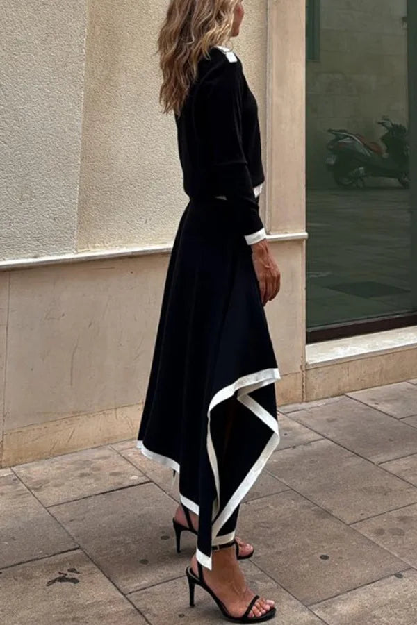 Women Casual Long Sleeve 2Pc Set Fashion Color Blocked Loose 2Pc Outfits Elegant O-neck Pullover Top & lrregular Long Skirt Suit
