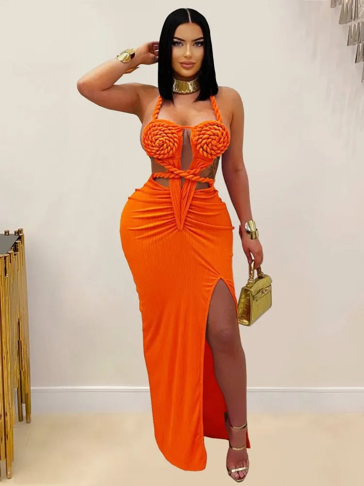 Joskaa Women's 2025 Summer Knit Halter Dress Sexy Hollow Backless Slit Bodycon Maxi Dresses Holiday Party Club Beachwear S-XXL