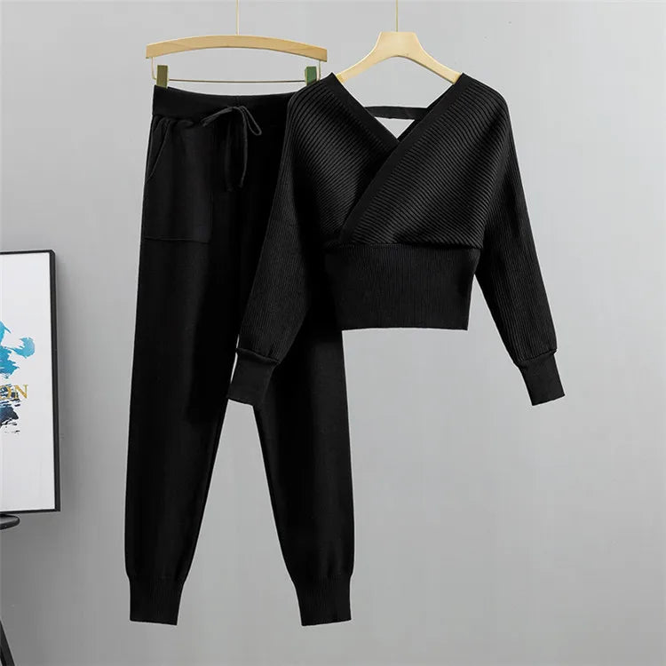 2 Piece Sets Women Knitting Outfits V Neck Pullover Sweater Pockets Drawstring Pencil Pants Slim Fit Suit Casual Knit Ensemble