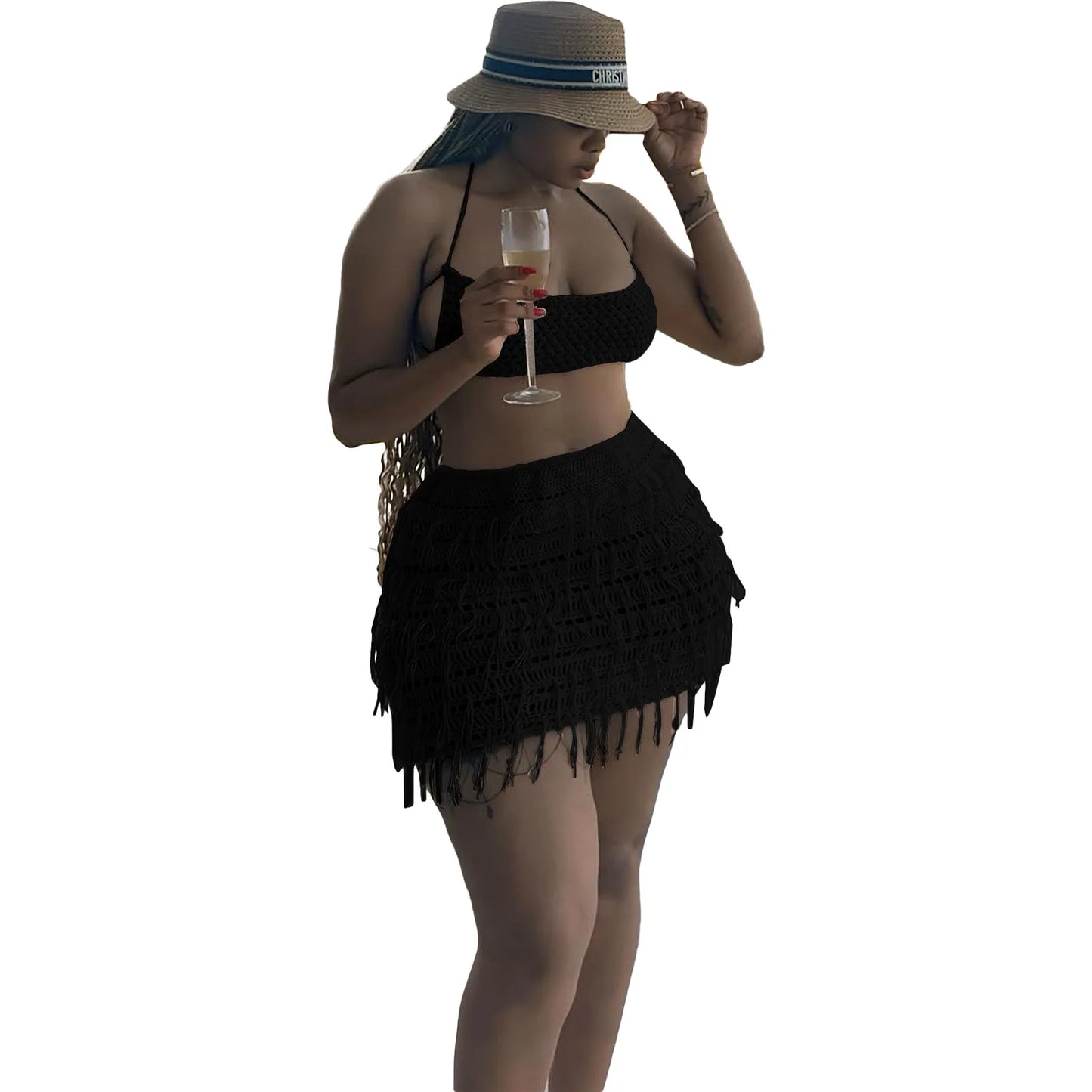 CM.YAYA Beach Holiday Knit Crochet Tassel Women Two 2 Piece Set Outfits Bra Top and Mini Skirt Suit 2024 INS Street Dress Set