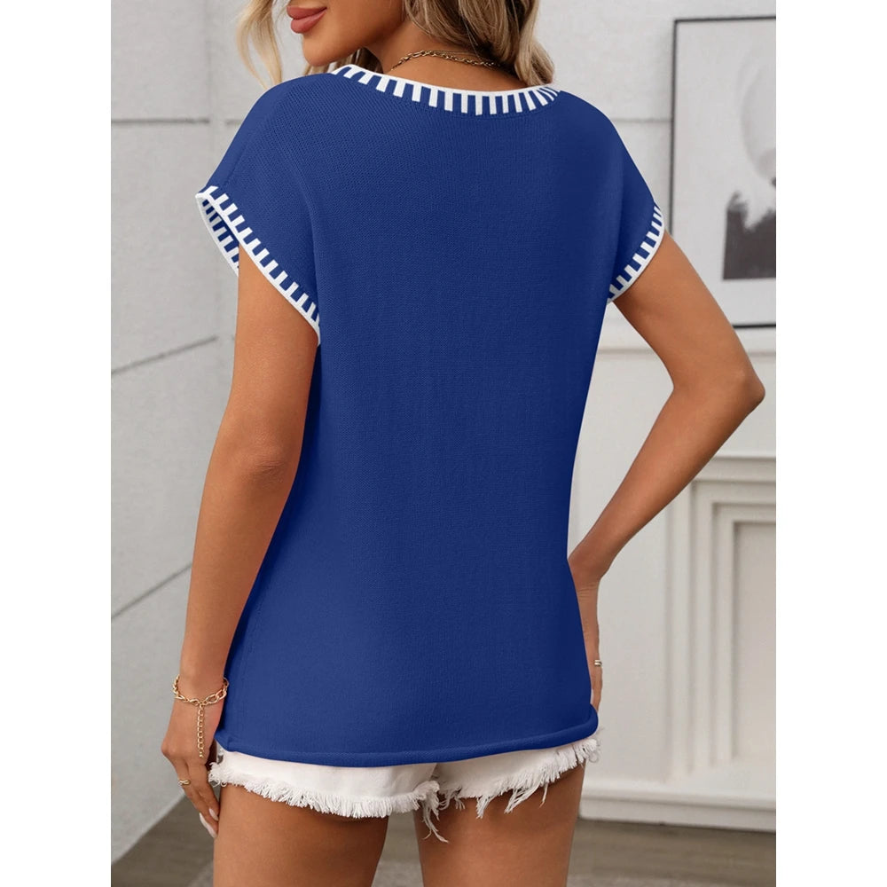 2025 Summer Women's Striped Ribbed Knitted V Neck Short Sleeve T-Shirts Femme Fashion Colorblock Casual Tops Streetwear