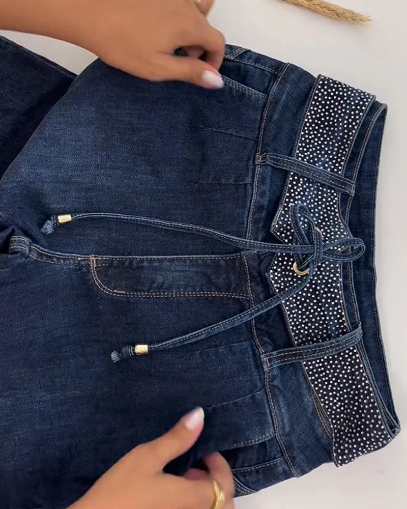 High Waist Skinny Jeans for Women Grommet Eyelet Lace-Up Pocket Design Wrap Hips Pants Plain Sexy Shaping Denim Trousers
