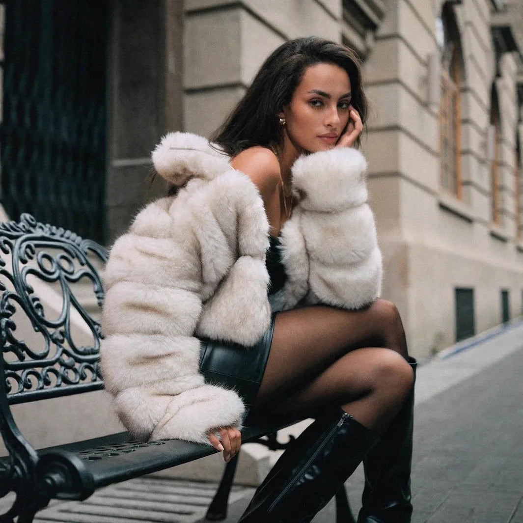 Women Faux Fox Fur Coats Short Jackets Zipper Coat Turn Down Collar Punk Loose Y2k Thick Outwear Jacket Casual 2025 Winter