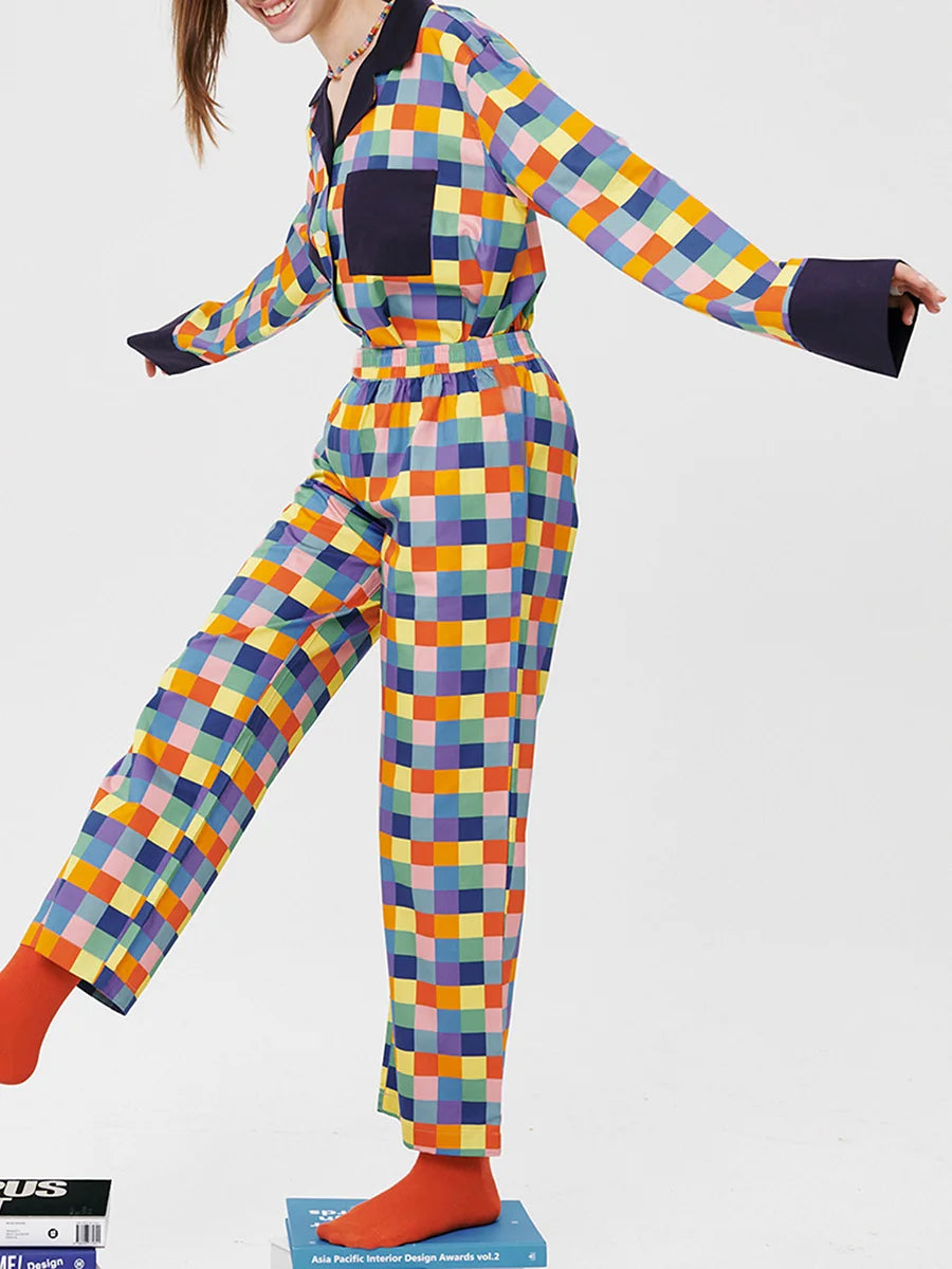 Women 2 Piece Pajamas Set Colorful Plaid Print Long Sleeve Button up Shirt and Elastic Pants for Loungewear Soft Sleepwear Pjs