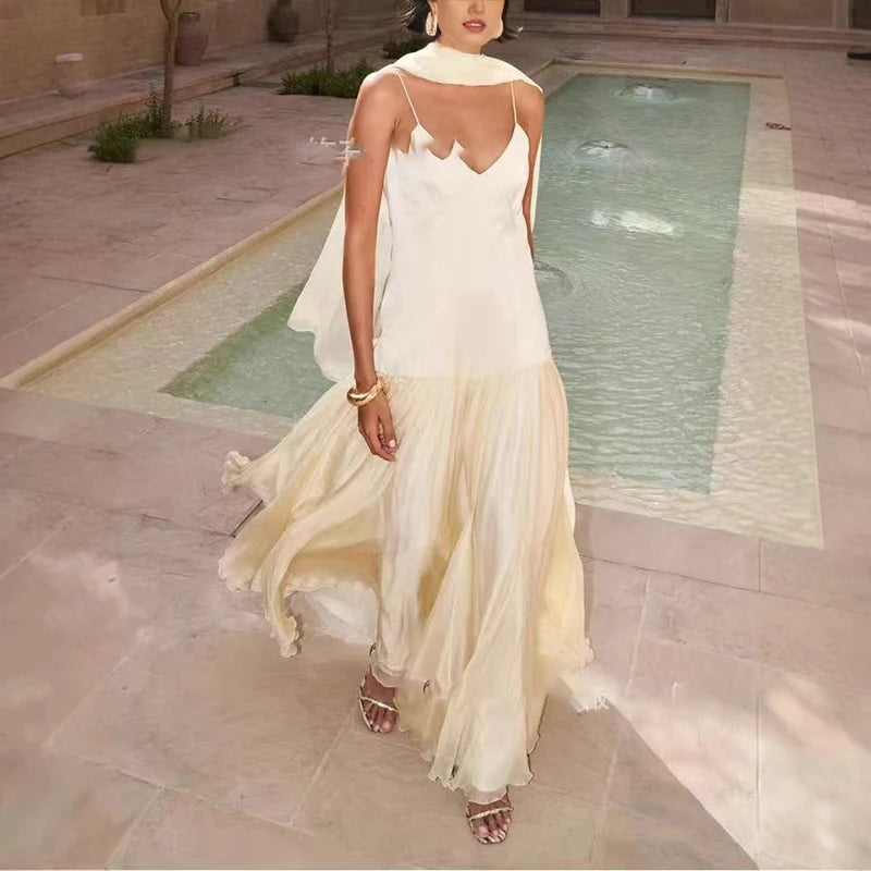 Elegant Ribbon Sleeveless Women Suspender Dress Sexy Backless Hollow Pleated Dress Summer Casual Solid Color V-neck Party Dress
