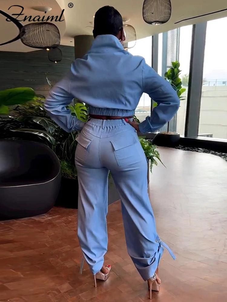 Znaiml Safari Style Streetwear Women Two 2 Piece Set Long Sleeve Zip Bandage Top and Multi-pockets Cargo Pants Matching Outfits