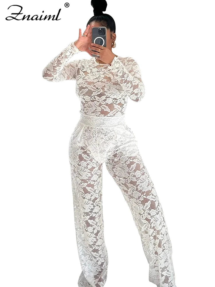 Znaiml Sexy Lace See through Two 2 Pieces Outfit Women Black Long Sleeve Bodysuits Top and Straight Pants Suit Birthday Clubwear