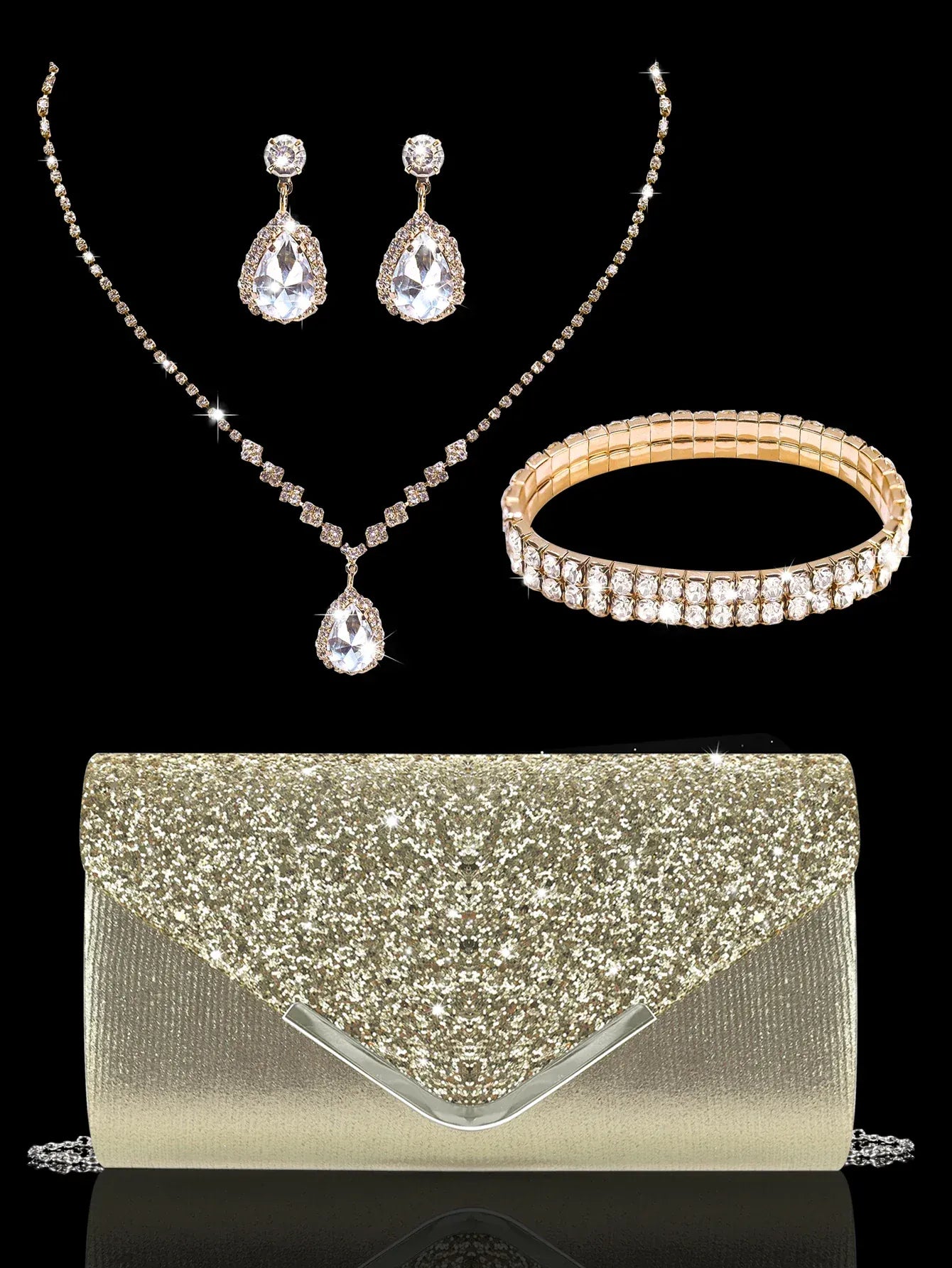 Sequin Evening Clutch With Rhinestone Jewelry Set β Glamorous Party Style