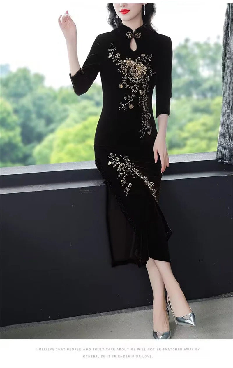 Spring Autumn Women New Embroidered Gold Velvet Cheongsam High-end Temperament Fashionable Wedding Dress Slim Bag Hip Slit Skirt