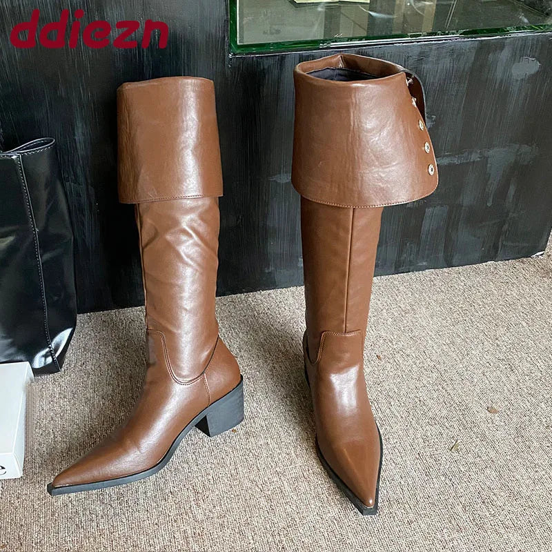 Modern Ladies Knee High Boots With Heels Shoes Female Slip On Footwear Fashion Pointed Toe Women Long Boots Pumps Shoes lady