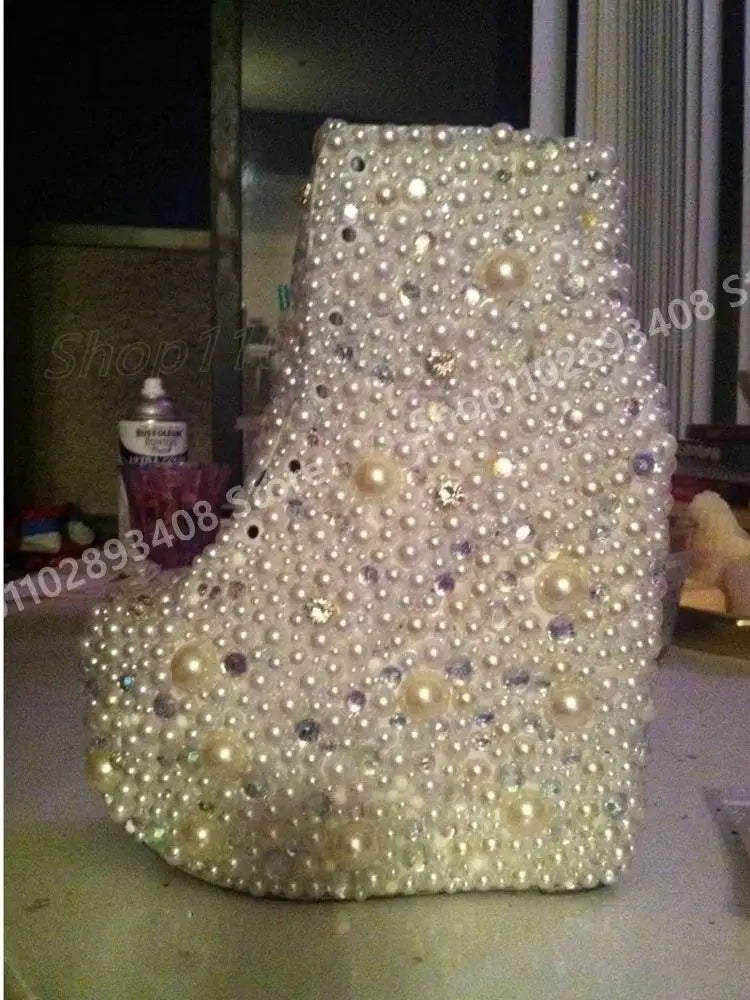 Many Pearls Decor Ankle Boots New Design Unique Style Front Lace-up Wedges High Heel Sexy Women Shoes 2025 Spring Para Mujere