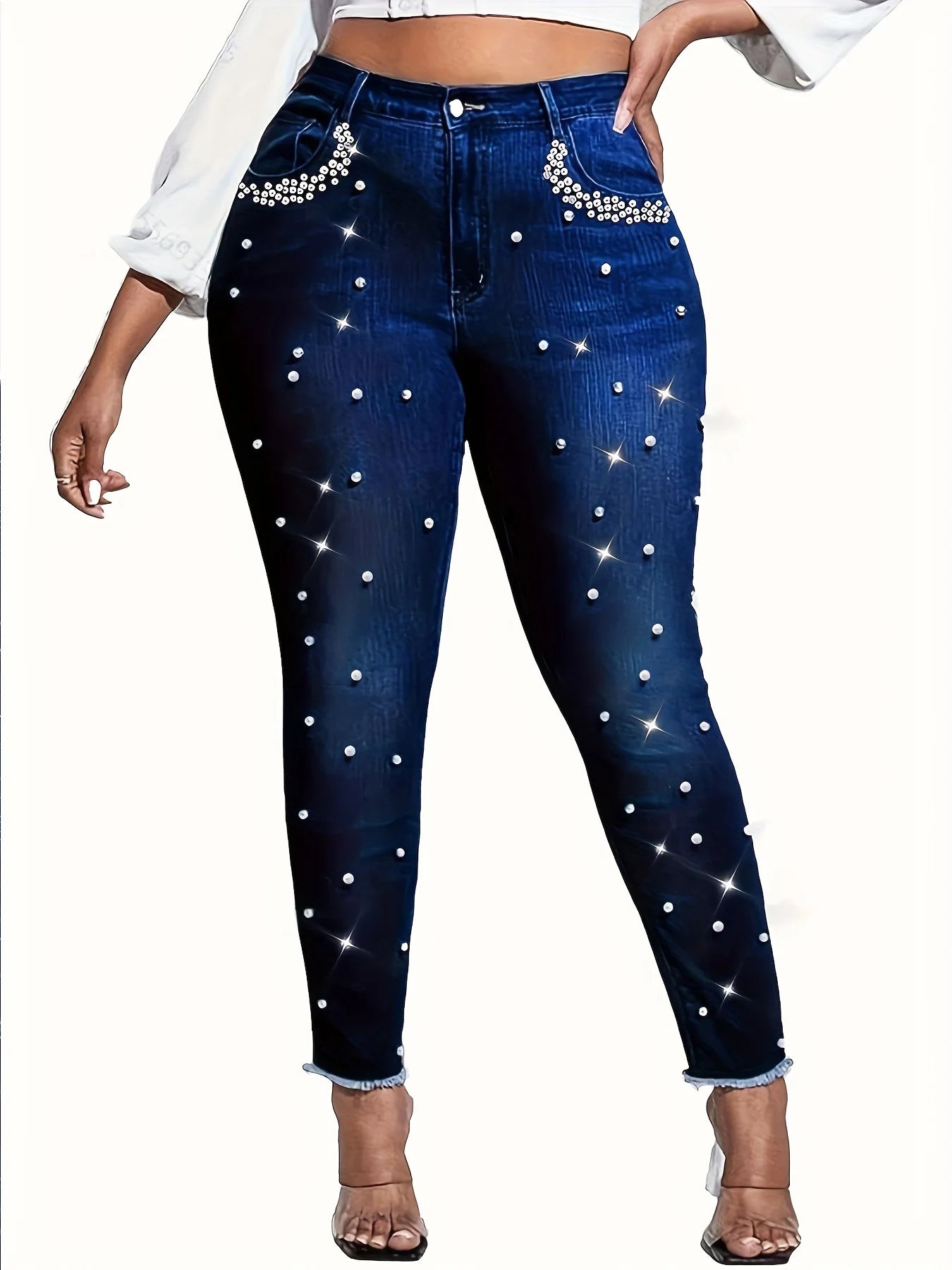 Mid-waist fashionable sequin and diamond embroidered with deep blue denim pencil pants, ladies' skinny jeans, suitable for all s