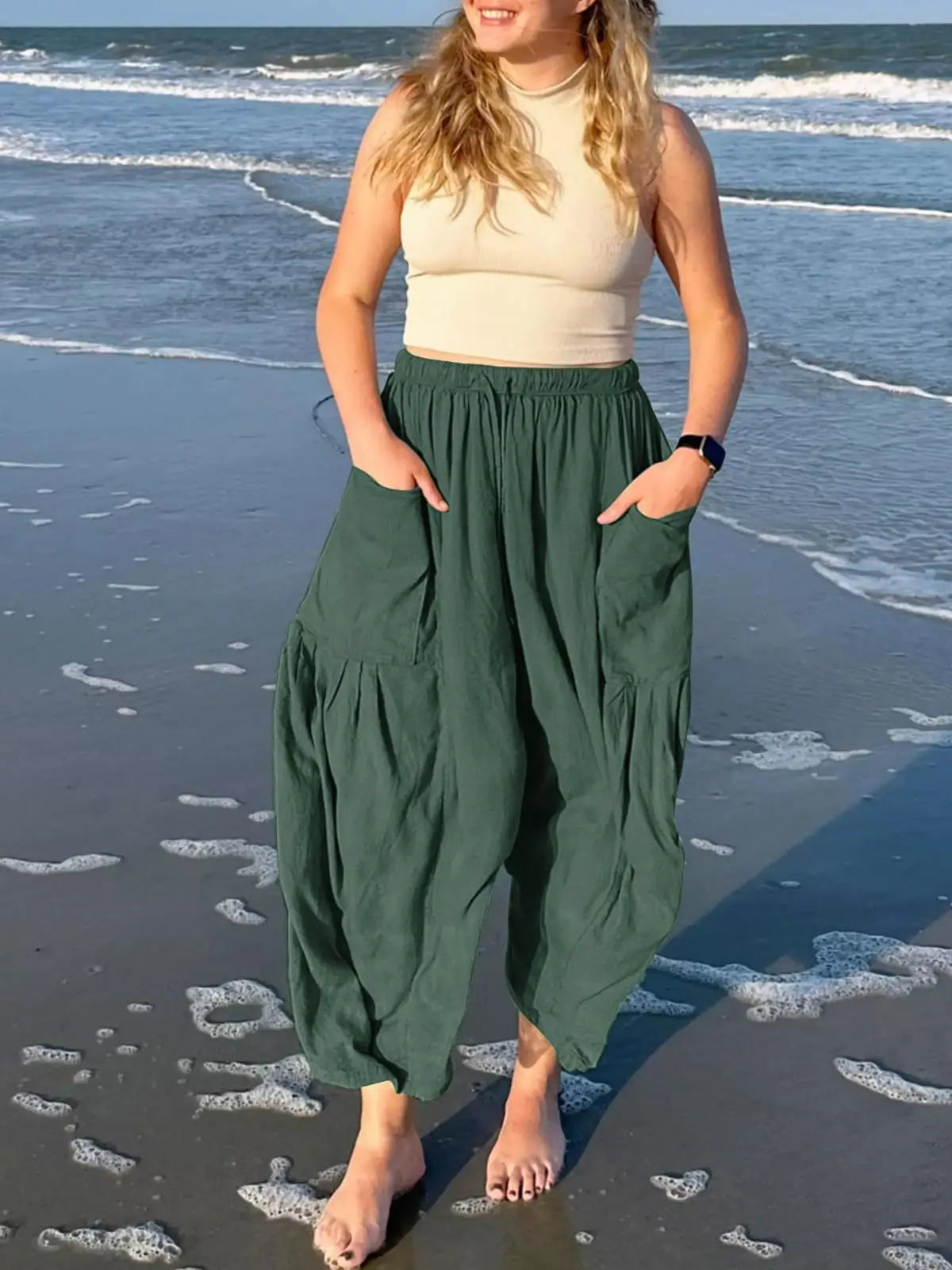 Loose Wide Leg Pants Women's Clothing Elastic Waist Pleated High Waist Casual Cotton Linen Solid Color Trousers Pants