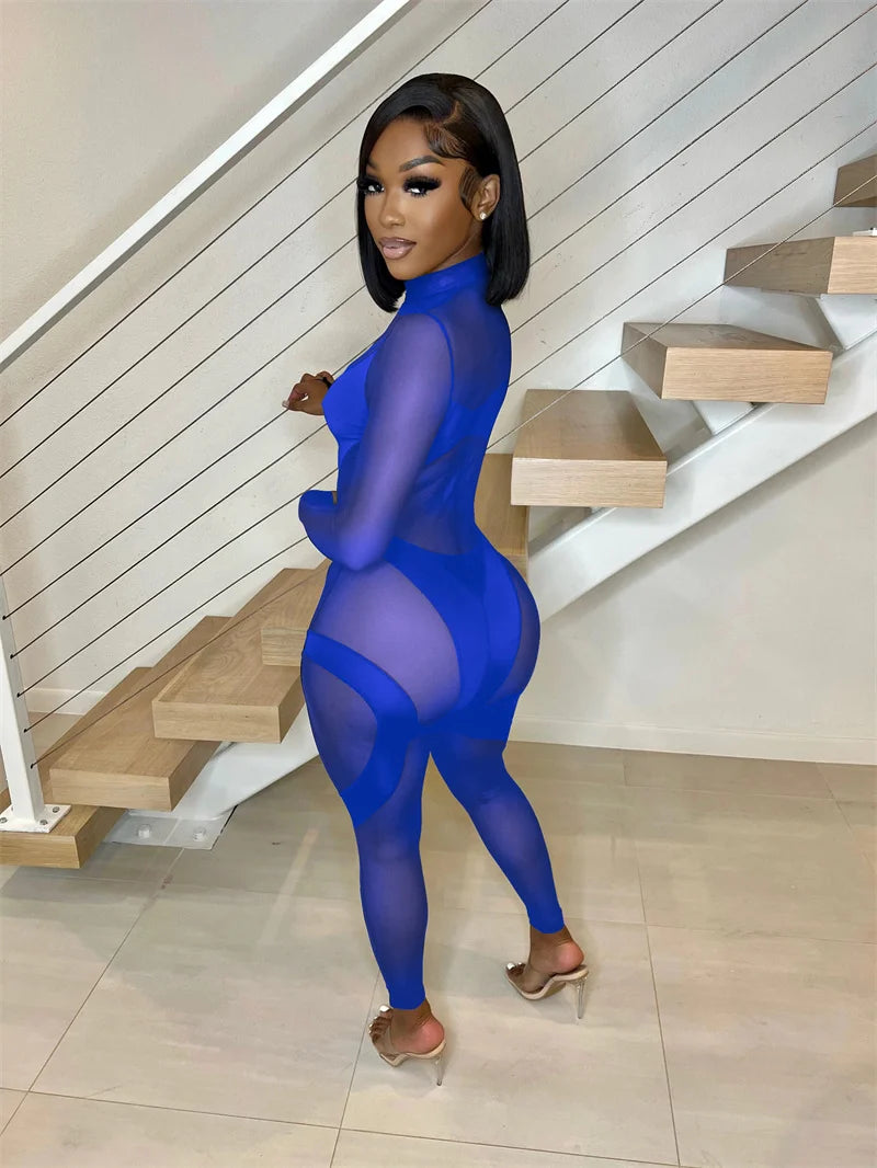 Sexy Sheer Mesh Jumpsuits Women Party Club Outfits Skinny Patchwork Long Sleeve See Through Rompers Womens Jumpsuit Midnight
