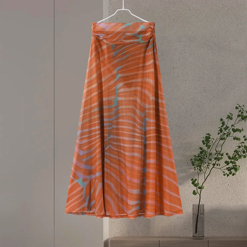 Chic Printed Contrast Women's Skirt Suit Sexy O-neck See Through Sleeveless Bodysuit High Waist Skirts Female 2025 Summer Outfit