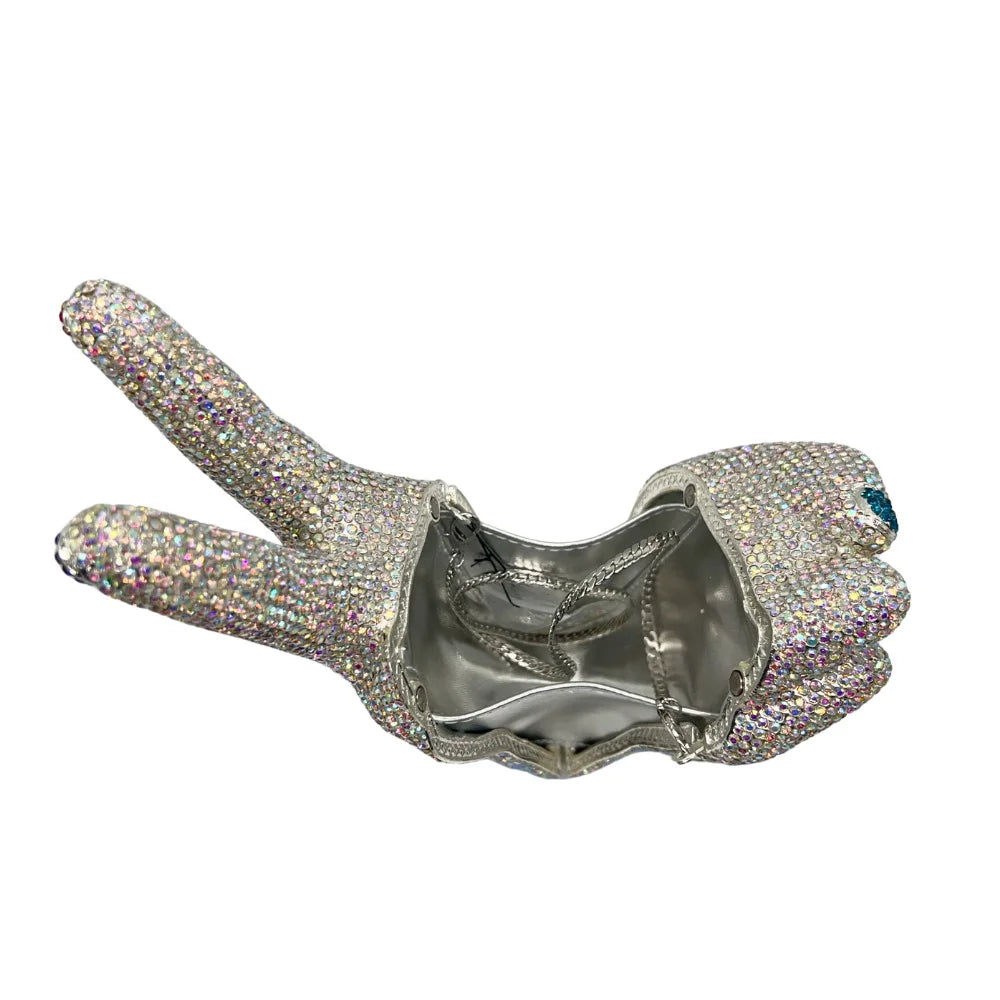 XIYUAN Victory Hand Crystals Evening Bags Women Rhinestones Purses Metallic Clutch Purse Lady Fashion Handbags Wedding Party Bag