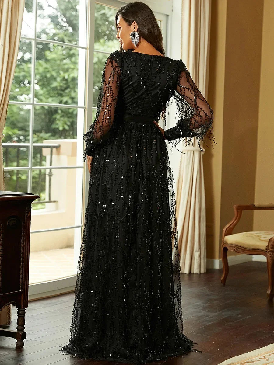 2024 Women's Autumn New Black Silk Mesh Sequins Long Evening Dress Brightly Stated Gown For Special Occasions Formal Affairs