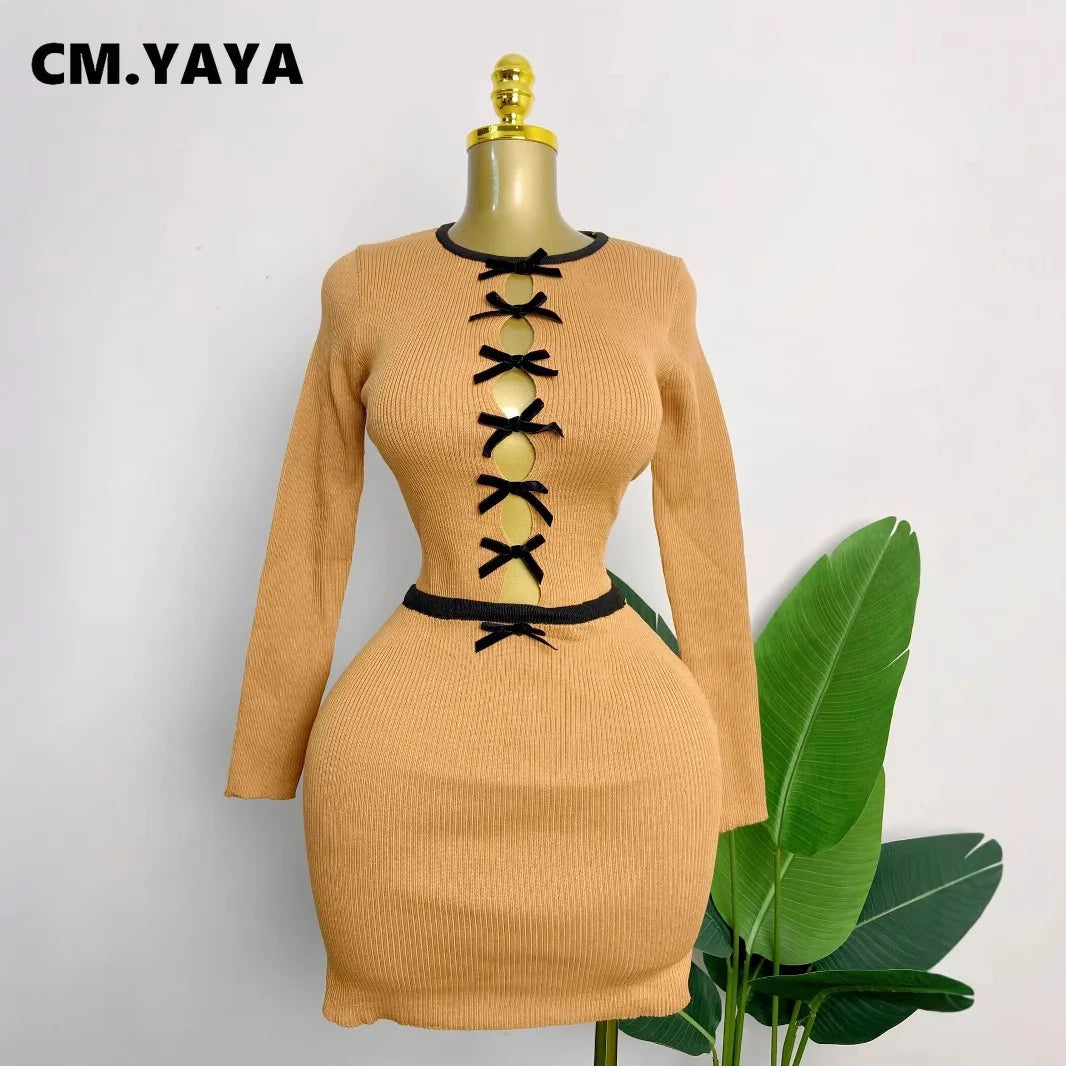 CM.YAYA Knit Ribbed Women's Set Long Sleeve Bowknot Tops and Mini Skirts 2025 Street Party Two 2 Piece Sets Outfits Tracksuits